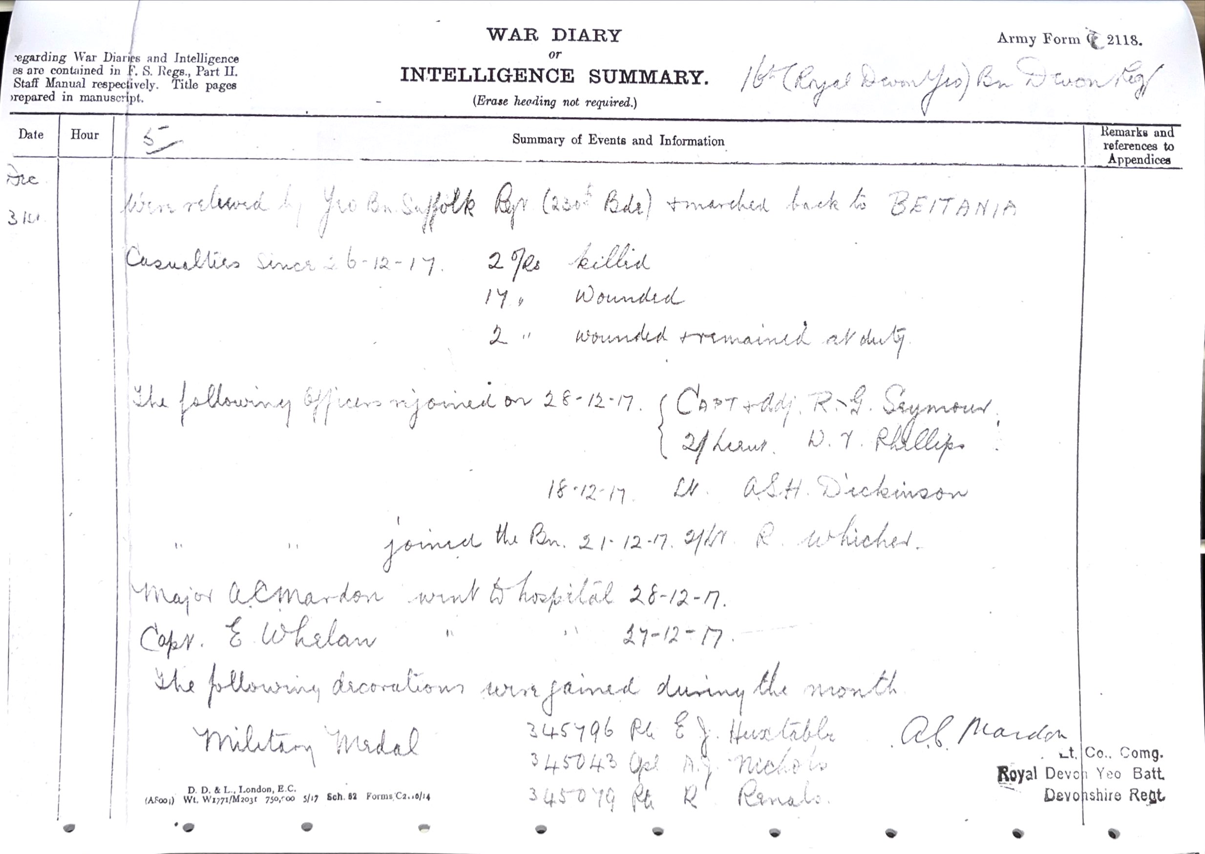 Page from the official unit war diary recording the award of the Military Medal to Pte R Renals and two others, 31 December 1917