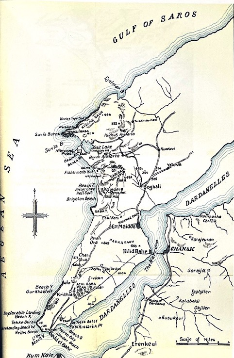 Map of the Gallipoli Peninsula. The Devons were employed in the Lala Baba area just to the south of Suvla Bay