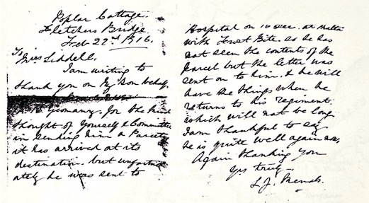 Letter from Lizzie Jane Renals to Miss Liddell of Bodmin, 22 February 1916