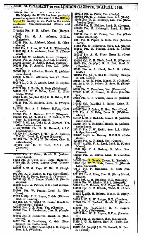 London Gazette entry announcing the award of Military Medals