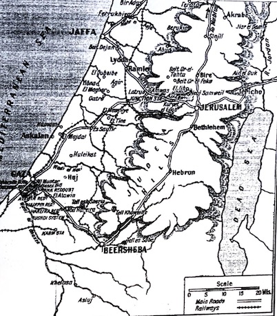 Map of Palestine showing the Beersheba to Jerusalem road and surrounding area