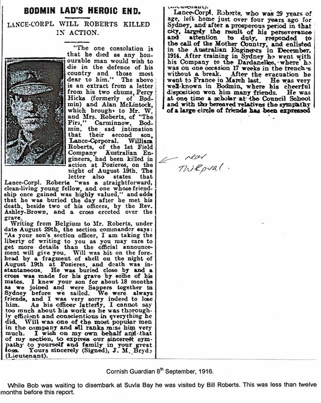 Newspaper cutting reporting the death of Lance-Corporal Will Roberts of Bodmin