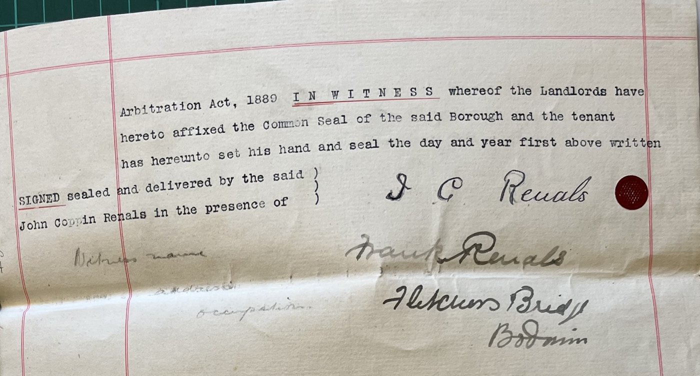 Signature page of the 1907 lease — J. C. Renals, with brother Frank Renals as witness