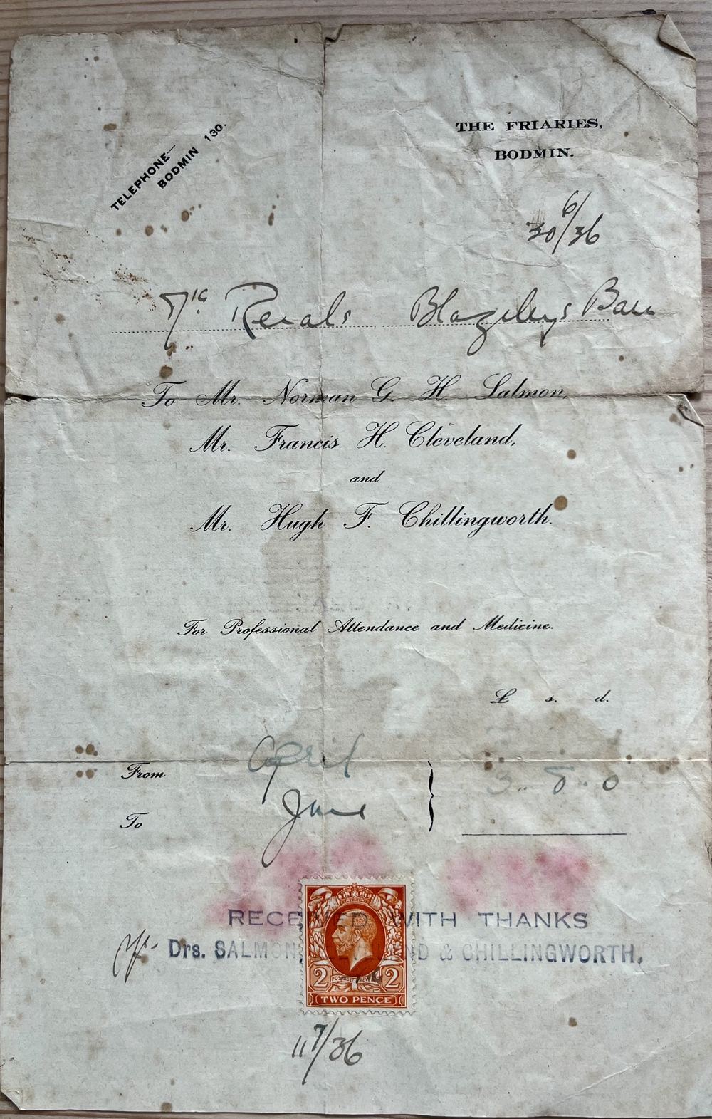 Bill from Drs Salmon, Cleveland and Chillingworth, The Friaries, Bodmin, 1936