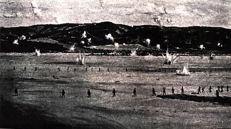 Soldiers crossing the Salt Lake at Suvla, spread out to minimise casualties from shell fire