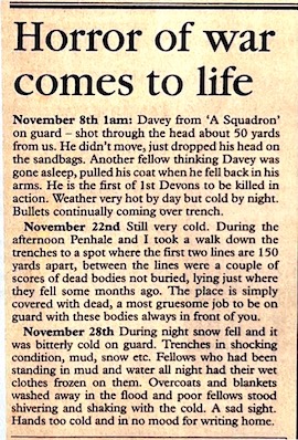 Newspaper extract from the Western Morning News featuring entries from Trooper Tozer's war diary